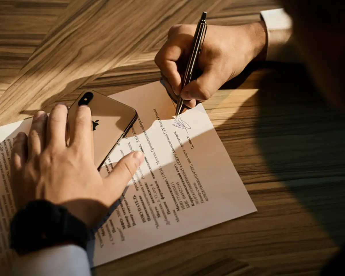 Transfer documents signed across a desk in afternoon light